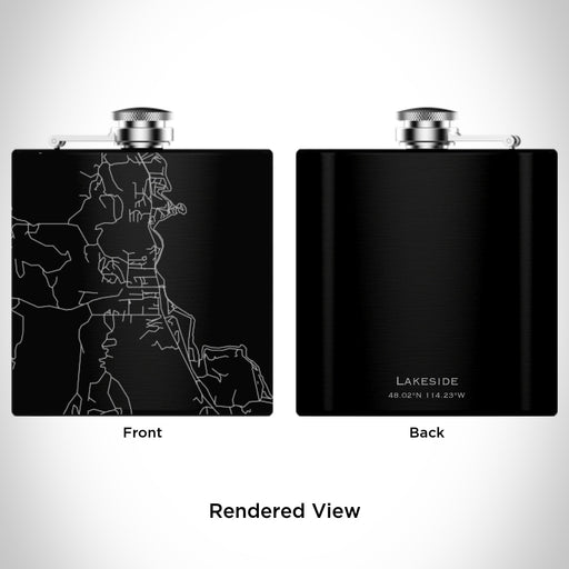 Rendered View of Lakeside Montana Map Engraving on 6oz Stainless Steel Flask in Black