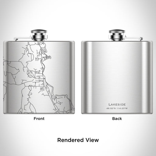Rendered View of Lakeside Montana Map Engraving on 6oz Stainless Steel Flask