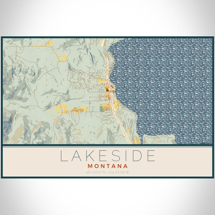 Lakeside Montana Map Print Landscape Orientation in Woodblock Style With Shaded Background