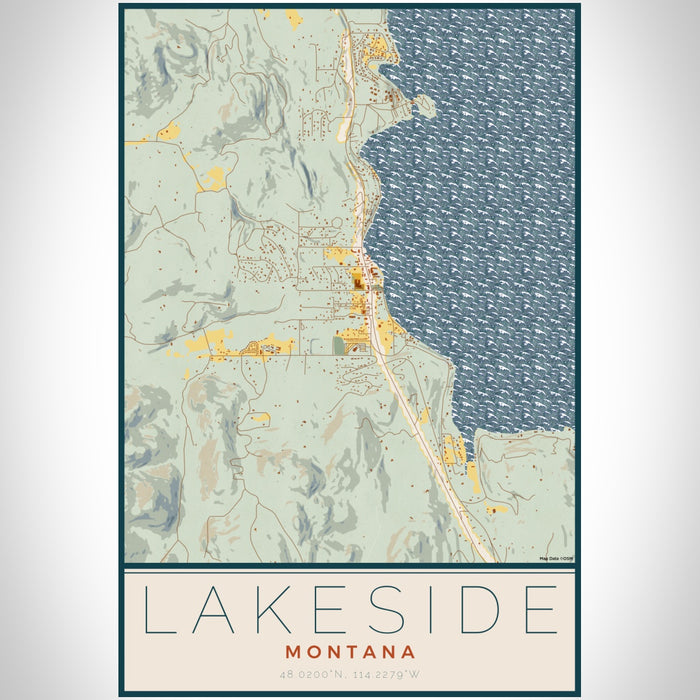 Lakeside Montana Map Print Portrait Orientation in Woodblock Style With Shaded Background