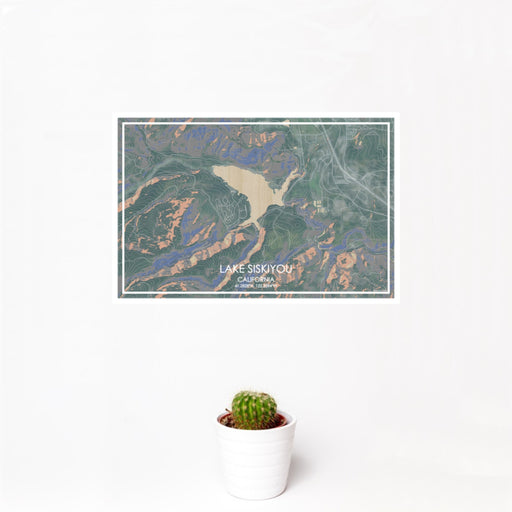 12x18 Lake Siskiyou California Map Print Landscape Orientation in Afternoon Style With Small Cactus Plant in White Planter