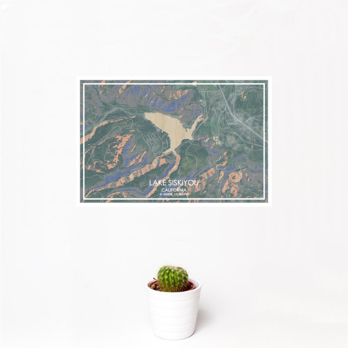 12x18 Lake Siskiyou California Map Print Landscape Orientation in Afternoon Style With Small Cactus Plant in White Planter