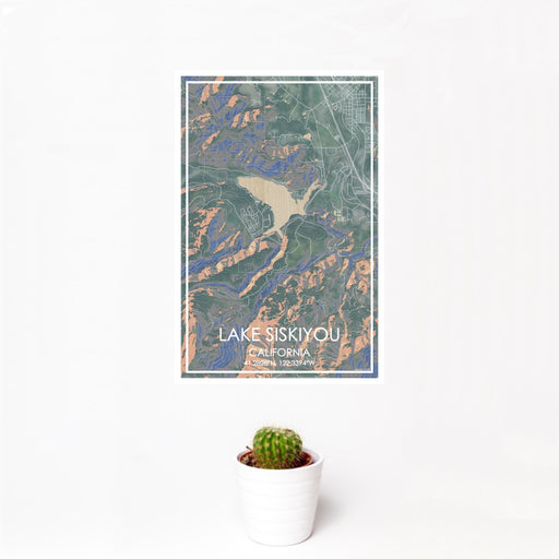 12x18 Lake Siskiyou California Map Print Portrait Orientation in Afternoon Style With Small Cactus Plant in White Planter