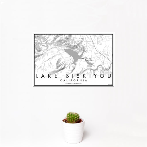 12x18 Lake Siskiyou California Map Print Landscape Orientation in Classic Style With Small Cactus Plant in White Planter