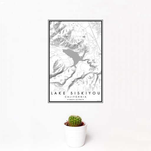 12x18 Lake Siskiyou California Map Print Portrait Orientation in Classic Style With Small Cactus Plant in White Planter