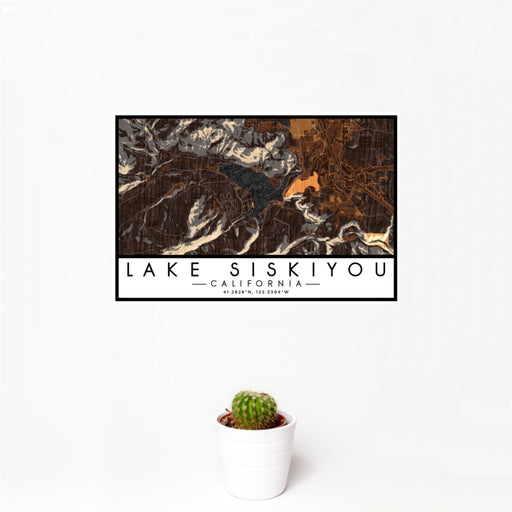 12x18 Lake Siskiyou California Map Print Landscape Orientation in Ember Style With Small Cactus Plant in White Planter