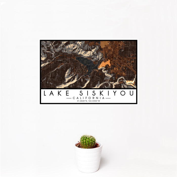 12x18 Lake Siskiyou California Map Print Landscape Orientation in Ember Style With Small Cactus Plant in White Planter