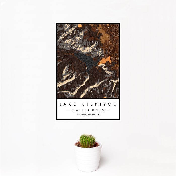 12x18 Lake Siskiyou California Map Print Portrait Orientation in Ember Style With Small Cactus Plant in White Planter