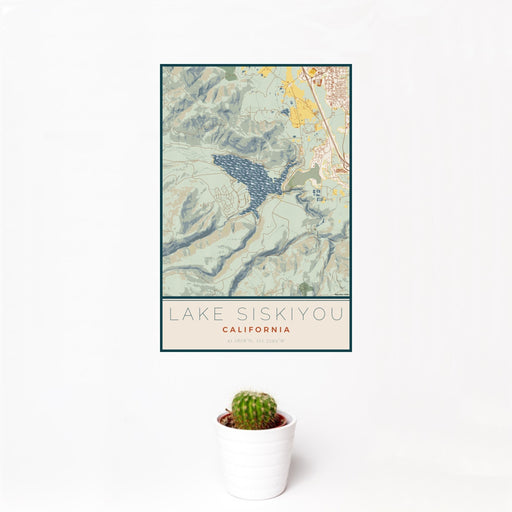 12x18 Lake Siskiyou California Map Print Portrait Orientation in Woodblock Style With Small Cactus Plant in White Planter
