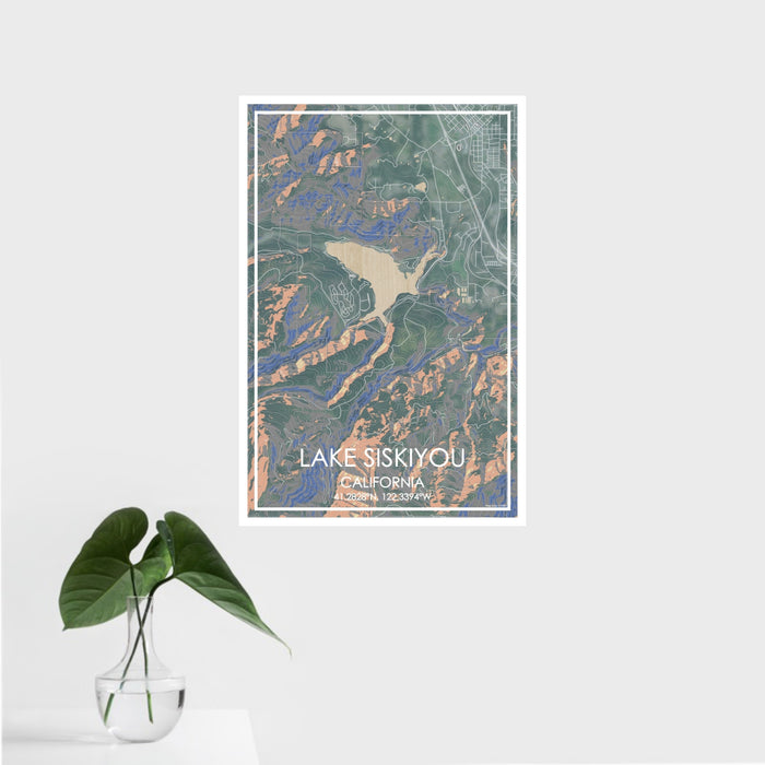 16x24 Lake Siskiyou California Map Print Portrait Orientation in Afternoon Style With Tropical Plant Leaves in Water