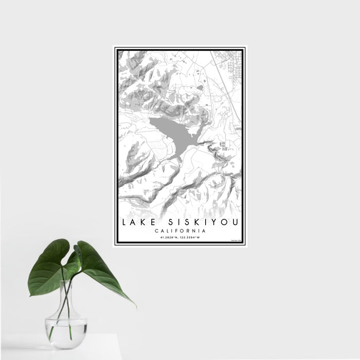 16x24 Lake Siskiyou California Map Print Portrait Orientation in Classic Style With Tropical Plant Leaves in Water