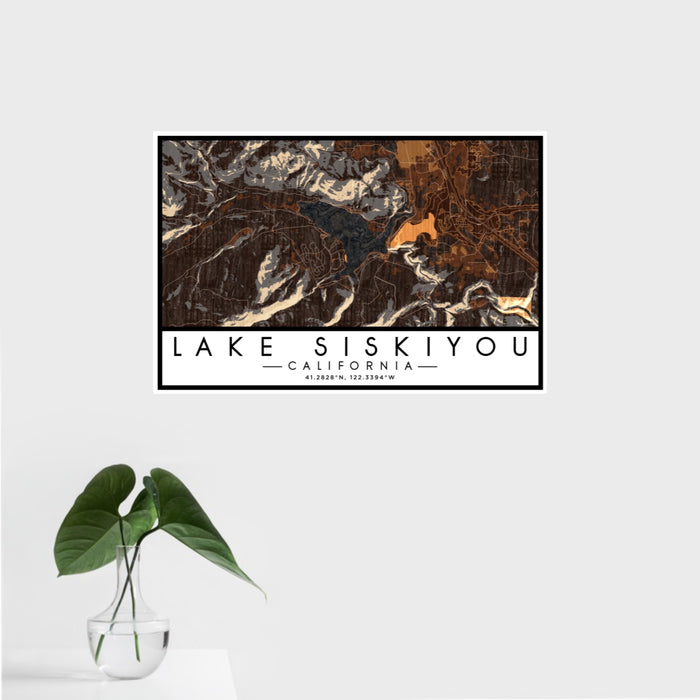 16x24 Lake Siskiyou California Map Print Landscape Orientation in Ember Style With Tropical Plant Leaves in Water