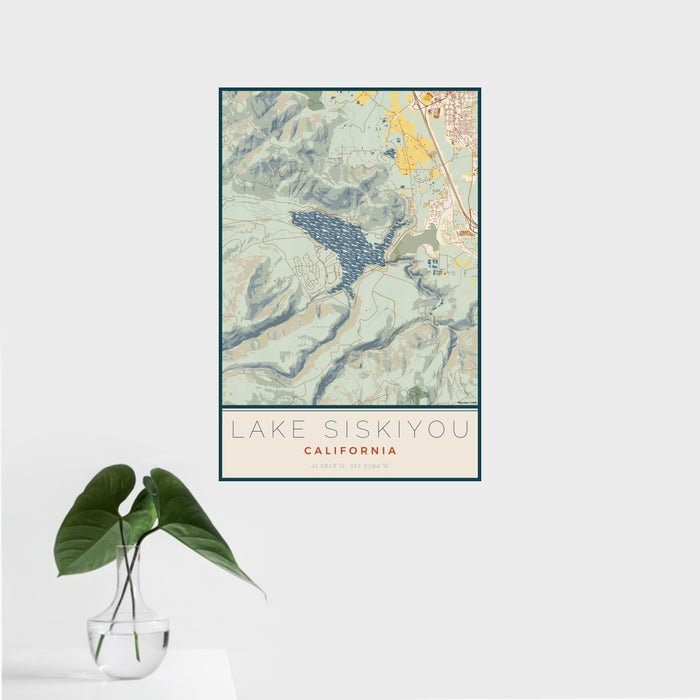 16x24 Lake Siskiyou California Map Print Portrait Orientation in Woodblock Style With Tropical Plant Leaves in Water