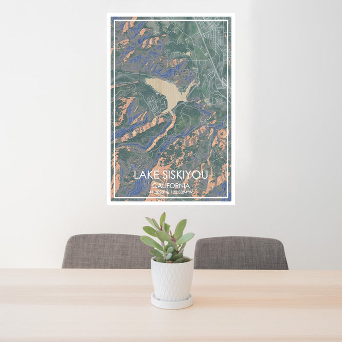 24x36 Lake Siskiyou California Map Print Portrait Orientation in Afternoon Style Behind 2 Chairs Table and Potted Plant