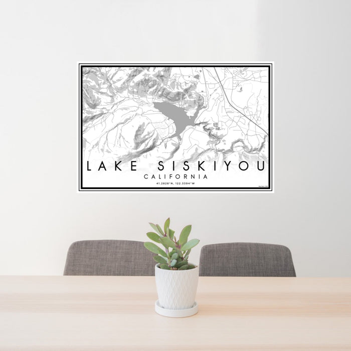24x36 Lake Siskiyou California Map Print Lanscape Orientation in Classic Style Behind 2 Chairs Table and Potted Plant