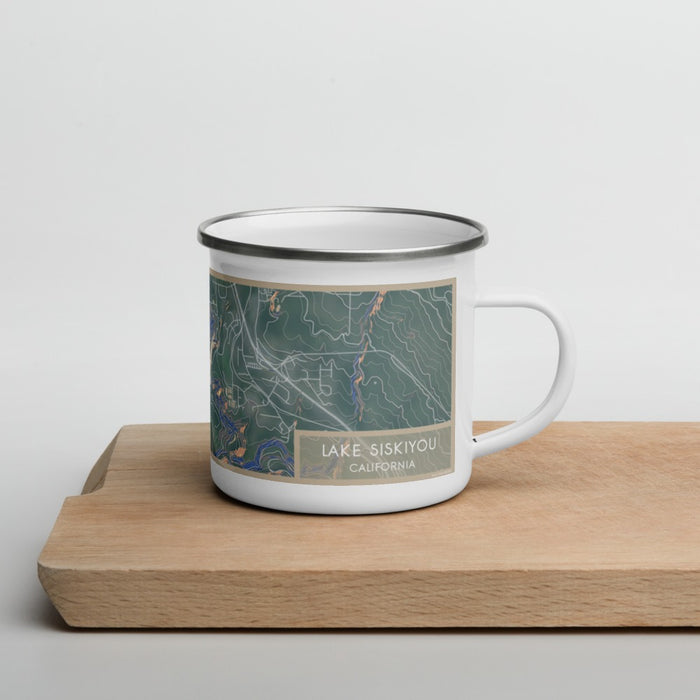 Right View Custom Lake Siskiyou California Map Enamel Mug in Afternoon
