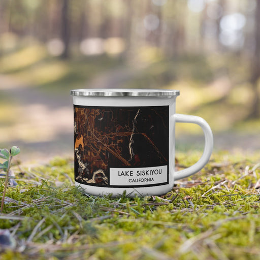 Right View Custom Lake Siskiyou California Map Enamel Mug in Ember on Grass With Trees in Background