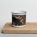 Front View Custom Lake Siskiyou California Map Enamel Mug in Ember on Cutting Board