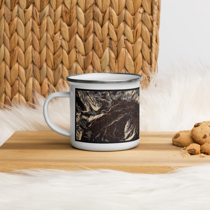 Left View Custom Lake Siskiyou California Map Enamel Mug in Ember on Table Top