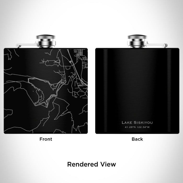Rendered View of Lake Siskiyou California Map Engraving on 6oz Stainless Steel Flask in Black