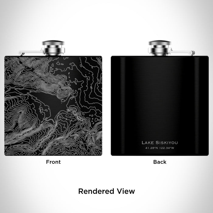 Rendered View of Lake Siskiyou California Map Engraving on 6oz Stainless Steel Flask in Black