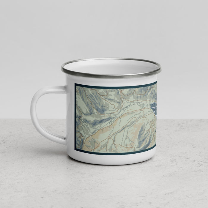 Left View Custom Lake Siskiyou California Map Enamel Mug in Woodblock