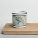 Front View Custom Lake Siskiyou California Map Enamel Mug in Woodblock on Cutting Board