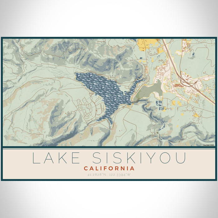 Lake Siskiyou California Map Print Landscape Orientation in Woodblock Style With Shaded Background
