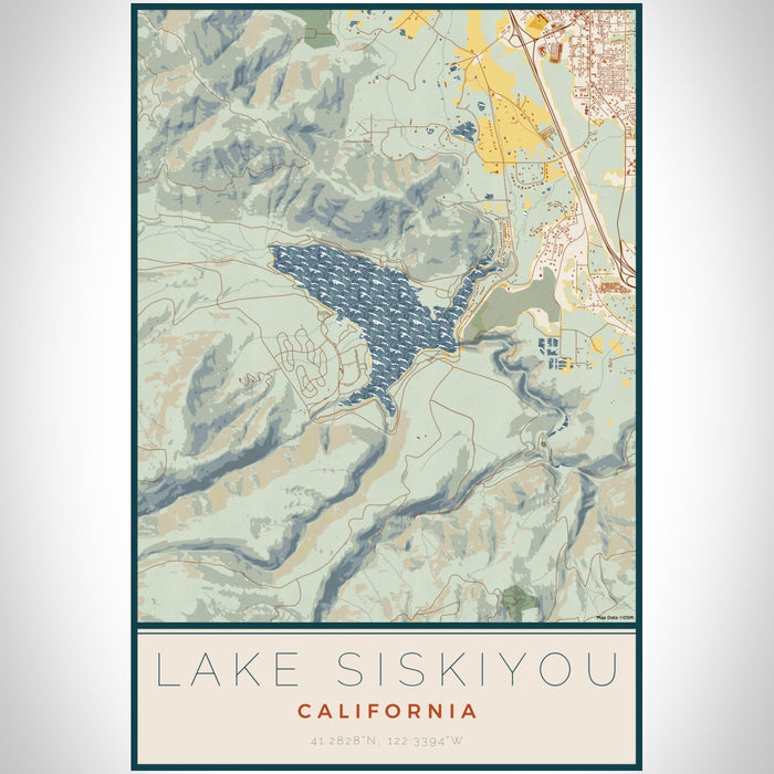 Lake Siskiyou California Map Print Portrait Orientation in Woodblock Style With Shaded Background
