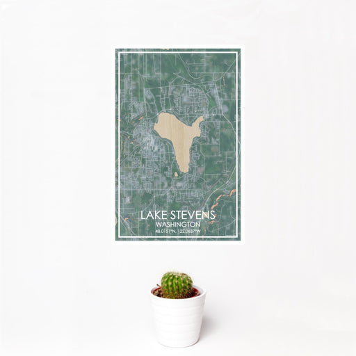 12x18 Lake Stevens Washington Map Print Portrait Orientation in Afternoon Style With Small Cactus Plant in White Planter
