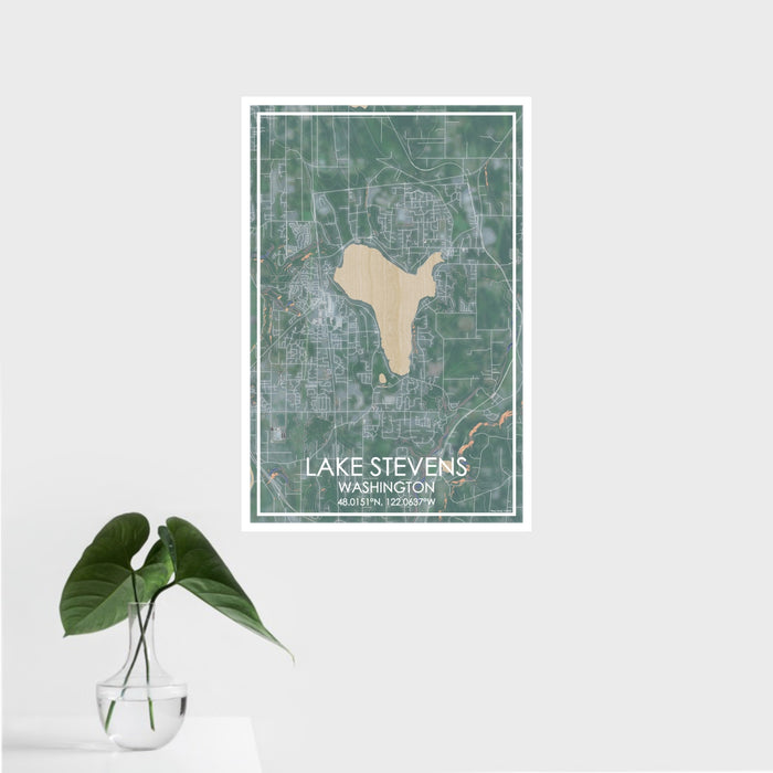 16x24 Lake Stevens Washington Map Print Portrait Orientation in Afternoon Style With Tropical Plant Leaves in Water
