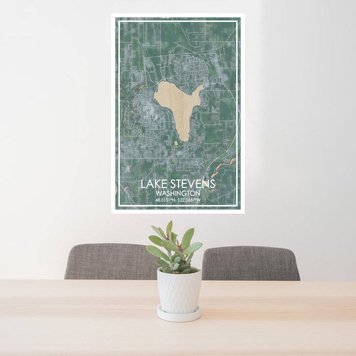 24x36 Lake Stevens Washington Map Print Portrait Orientation in Afternoon Style Behind 2 Chairs Table and Potted Plant