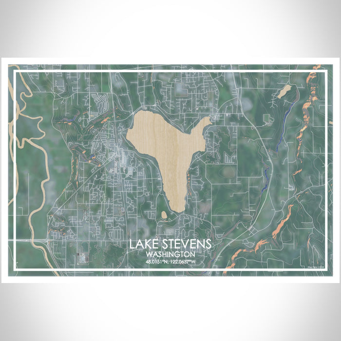 Lake Stevens Washington Map Print Landscape Orientation in Afternoon Style With Shaded Background