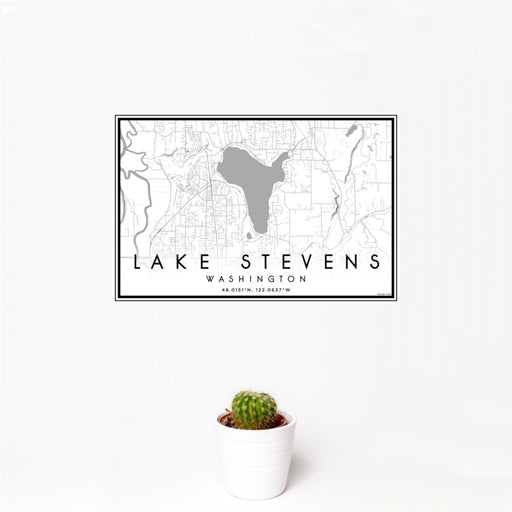 12x18 Lake Stevens Washington Map Print Landscape Orientation in Classic Style With Small Cactus Plant in White Planter