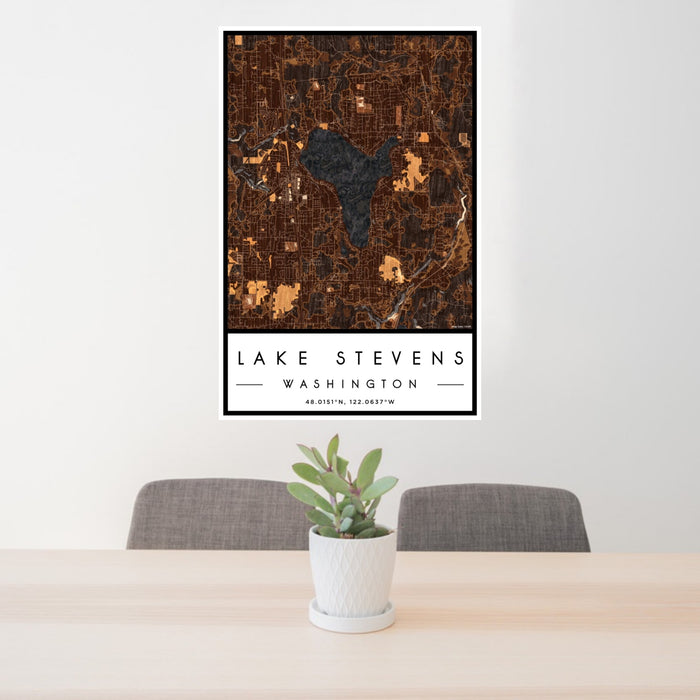 24x36 Lake Stevens Washington Map Print Portrait Orientation in Ember Style Behind 2 Chairs Table and Potted Plant
