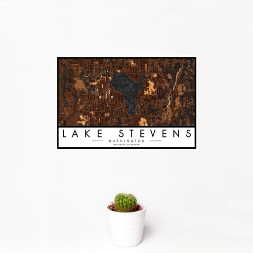 12x18 Lake Stevens Washington Map Print Landscape Orientation in Ember Style With Small Cactus Plant in White Planter