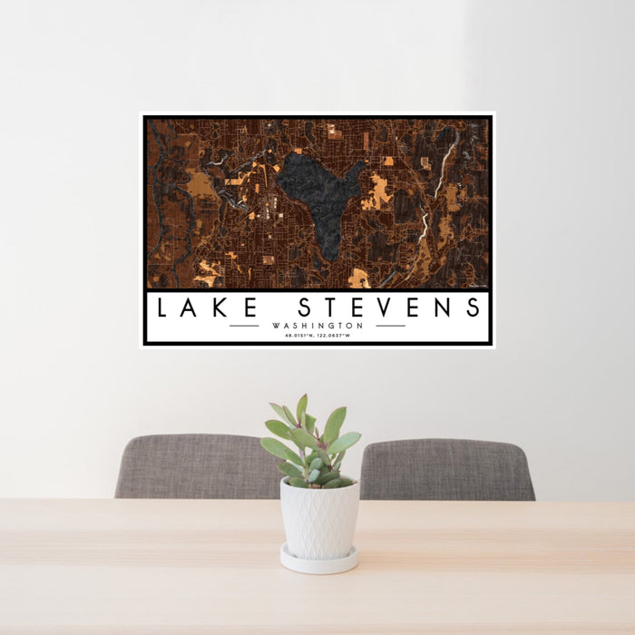 24x36 Lake Stevens Washington Map Print Landscape Orientation in Ember Style Behind 2 Chairs Table and Potted Plant