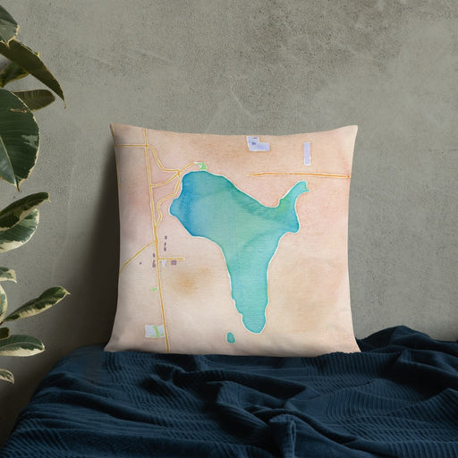 Custom Lake Stevens Washington Map Throw Pillow in Watercolor on Bedding Against Wall