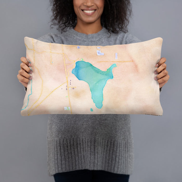 Person holding 20x12 Custom Lake Stevens Washington Map Throw Pillow in Watercolor