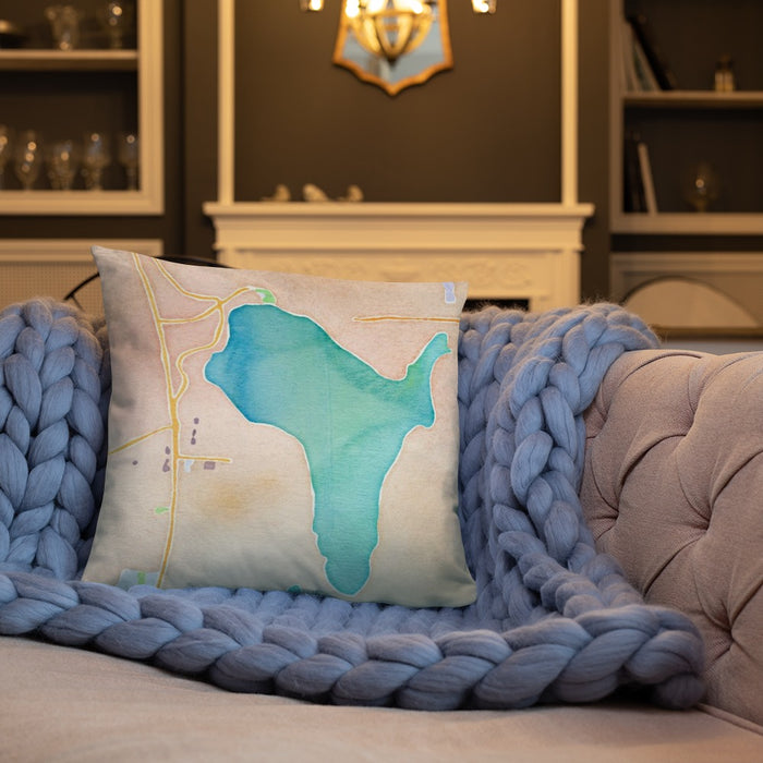 Custom Lake Stevens Washington Map Throw Pillow in Watercolor on Cream Colored Couch