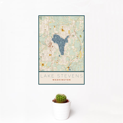 12x18 Lake Stevens Washington Map Print Portrait Orientation in Woodblock Style With Small Cactus Plant in White Planter