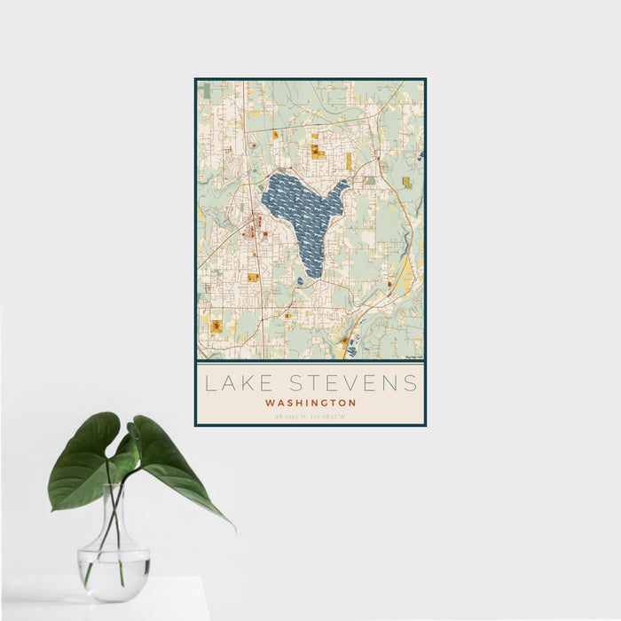 16x24 Lake Stevens Washington Map Print Portrait Orientation in Woodblock Style With Tropical Plant Leaves in Water