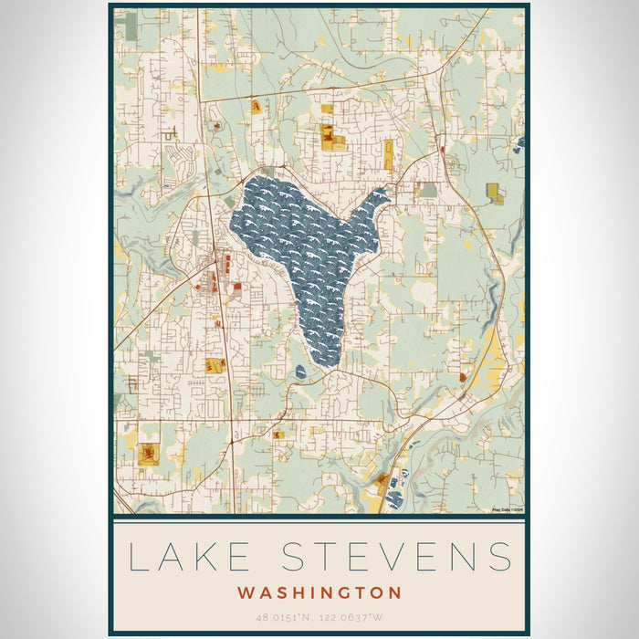 Lake Stevens Washington Map Print Portrait Orientation in Woodblock Style With Shaded Background