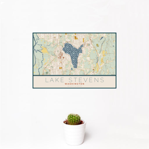 12x18 Lake Stevens Washington Map Print Landscape Orientation in Woodblock Style With Small Cactus Plant in White Planter