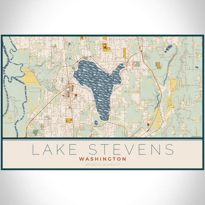 Lake Stevens Washington Map Print Landscape Orientation in Woodblock Style With Shaded Background