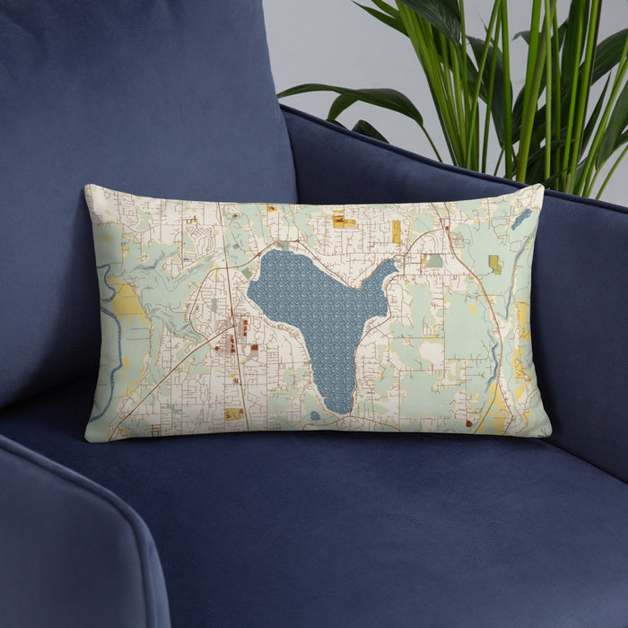 Custom Lake Stevens Washington Map Throw Pillow in Woodblock on Blue Colored Chair