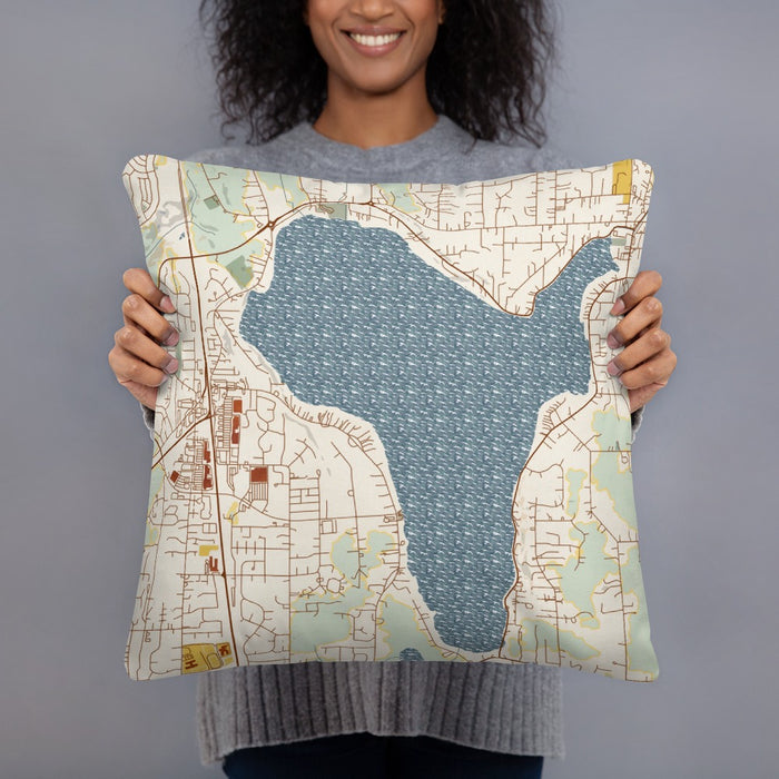 Person holding 18x18 Custom Lake Stevens Washington Map Throw Pillow in Woodblock