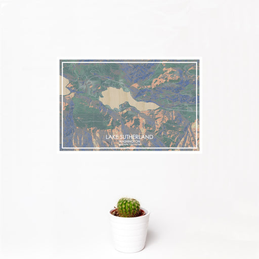 12x18 Lake Sutherland Washington Map Print Landscape Orientation in Afternoon Style With Small Cactus Plant in White Planter