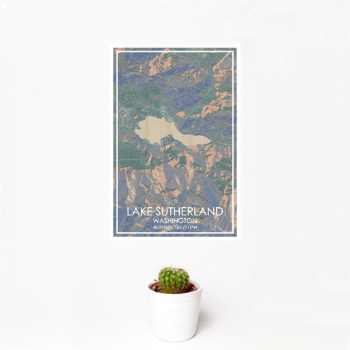 12x18 Lake Sutherland Washington Map Print Portrait Orientation in Afternoon Style With Small Cactus Plant in White Planter
