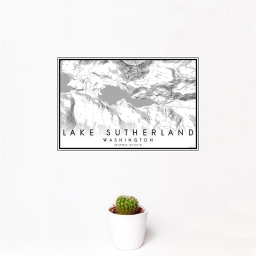 12x18 Lake Sutherland Washington Map Print Landscape Orientation in Classic Style With Small Cactus Plant in White Planter